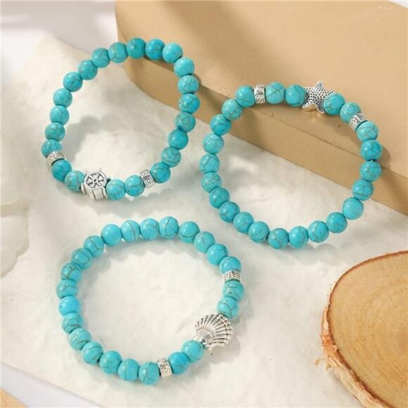 Turquoise Bracelet for Women,Healing Crystal Stone Stretch Round Bead Bracelets - Picture 2 of 5